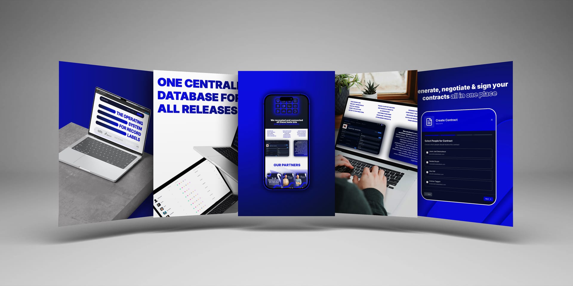 MyLabelDesk record label management software on laptop and phone: A&R workflow, one central release database, contract generation and signing